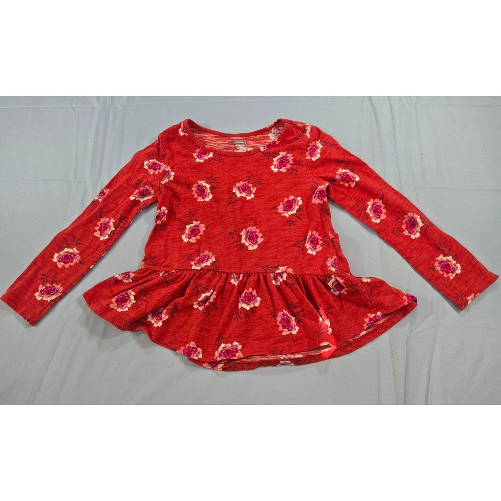 Old Navy Toddler Girls Red Floral Peplum Top Long Sleeve Rose Print Shirt 4T 4A - Picture 2 of 7